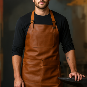 model wearing anvilbound apron for blacksmiths