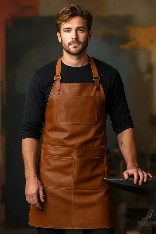 model wearing anvilbound apron for blacksmiths
