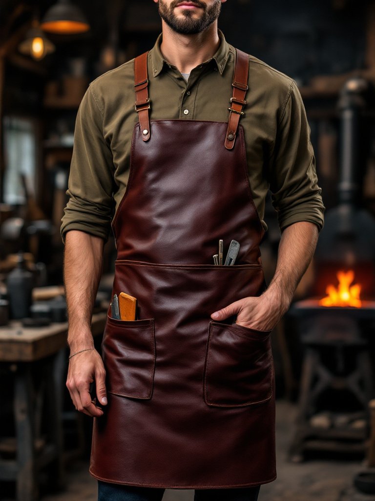 Leathron Ironhide full-grain leather blacksmith apron, black, front view