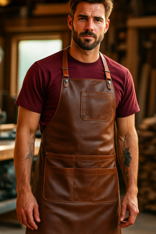 a carpenter wearing leather woodworking apron