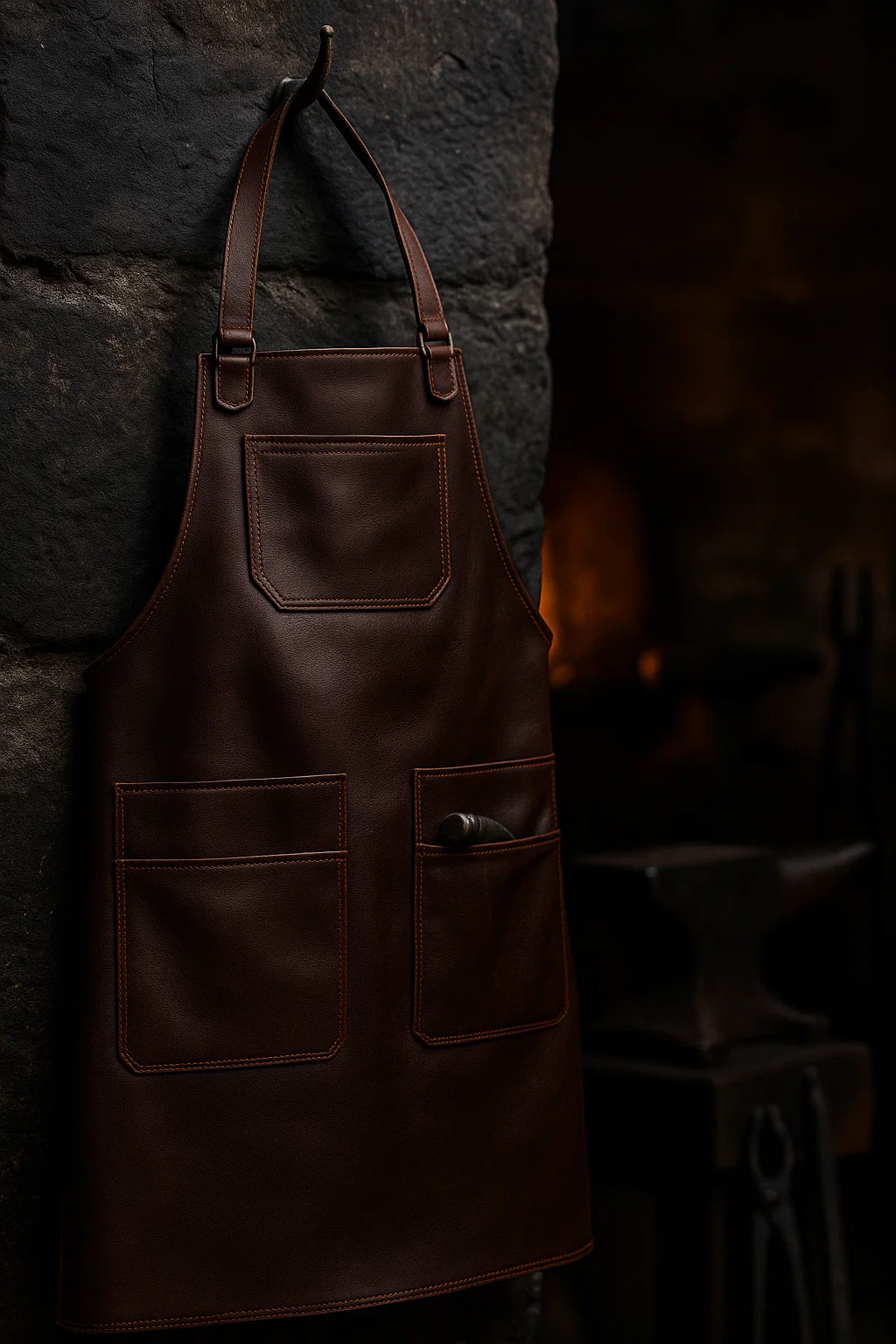 Hammer Strike Leather Apron hung against a wall