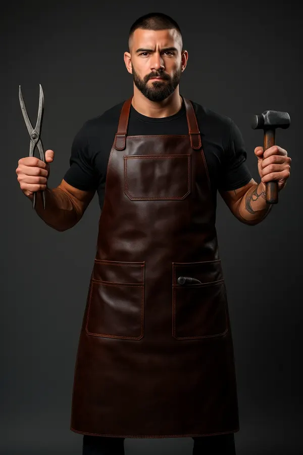 a backsmith wearing Hammer Strike Leather Apron