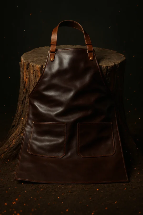 dark brown leather apron against the wooden piece
