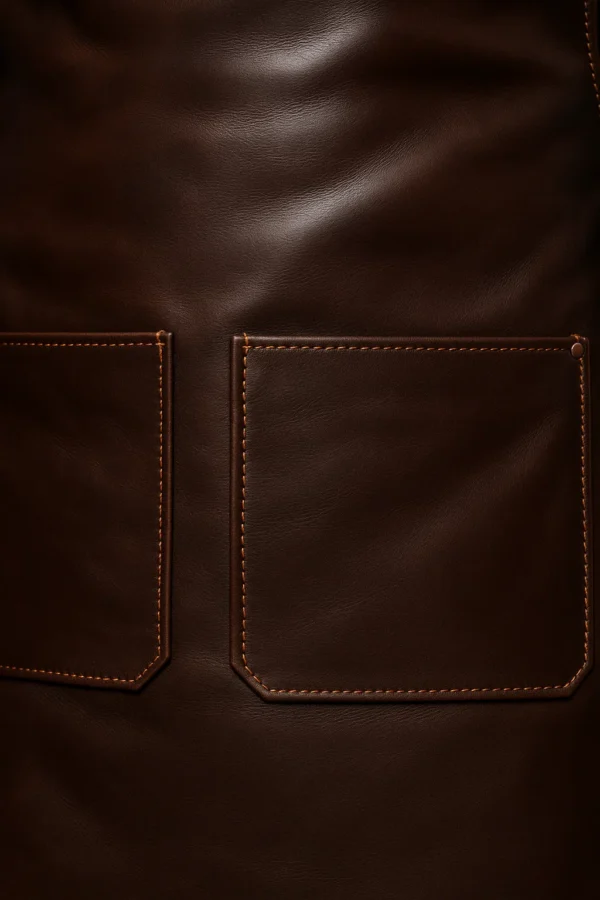 pocket view of brown leather apron