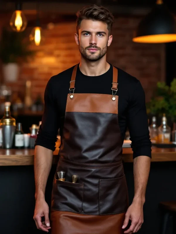 Black leather bar apron with brown straps