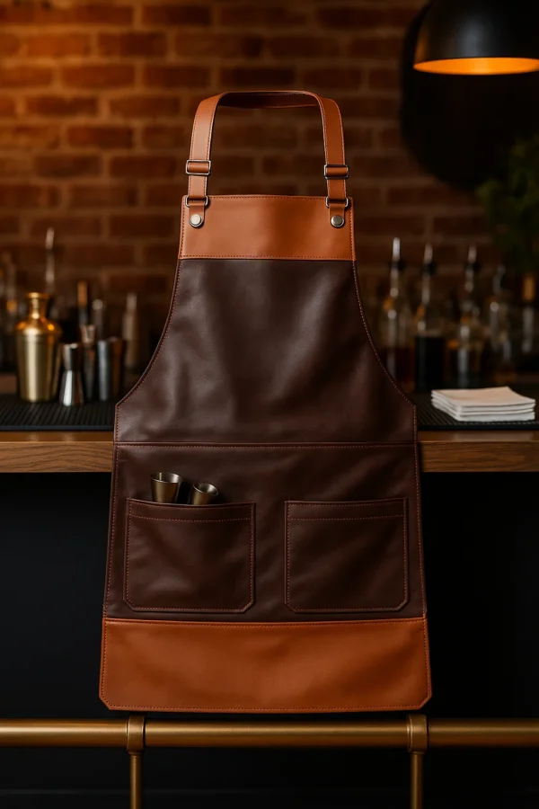 dual tone leather bartender apron hung with a hook
