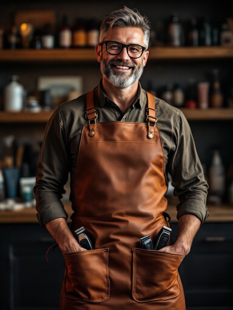 Leathron black leather barber apron in a grooming studio