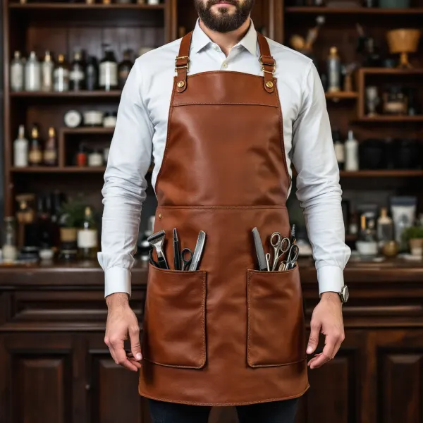 leather bar apron in tan color with extra pockets