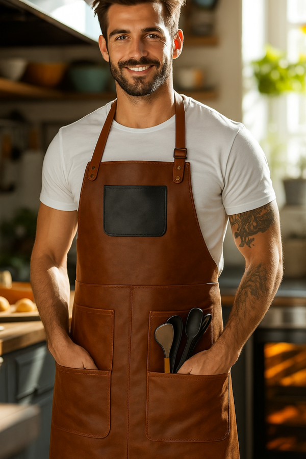 a cook wearing SizzleGuard Leather Apron