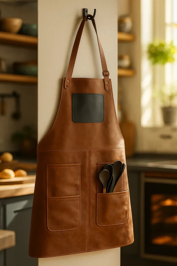 SizzleGuard Leather Apron hung in a kitchen