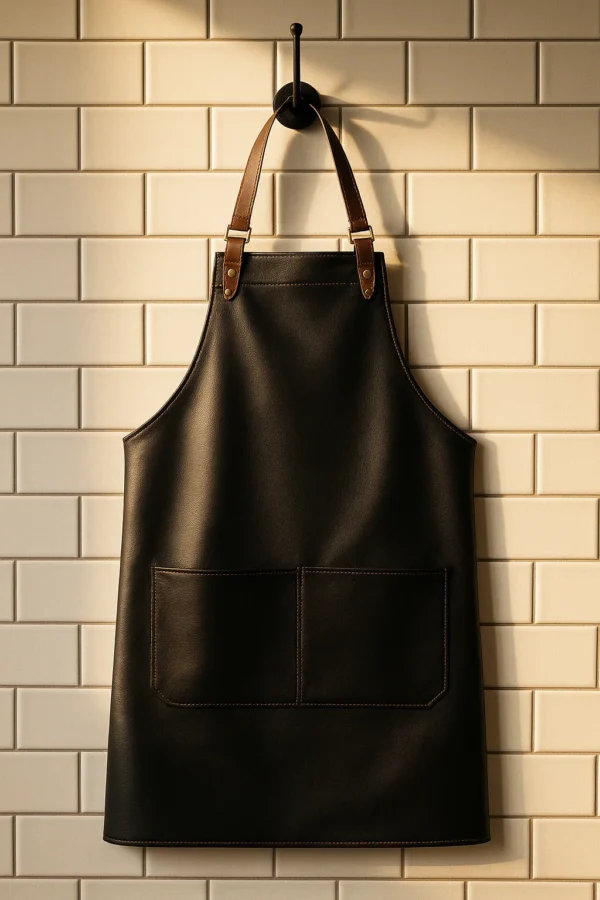 leather apron for barbers hung on a wall