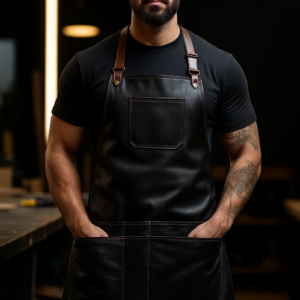a model wearing hairstylist leather apron