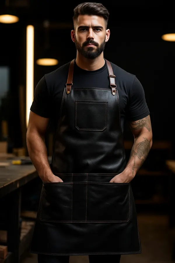 a model wearing hairstylist leather apron