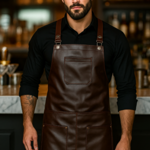 Brewmaster brown leather apron worn by model