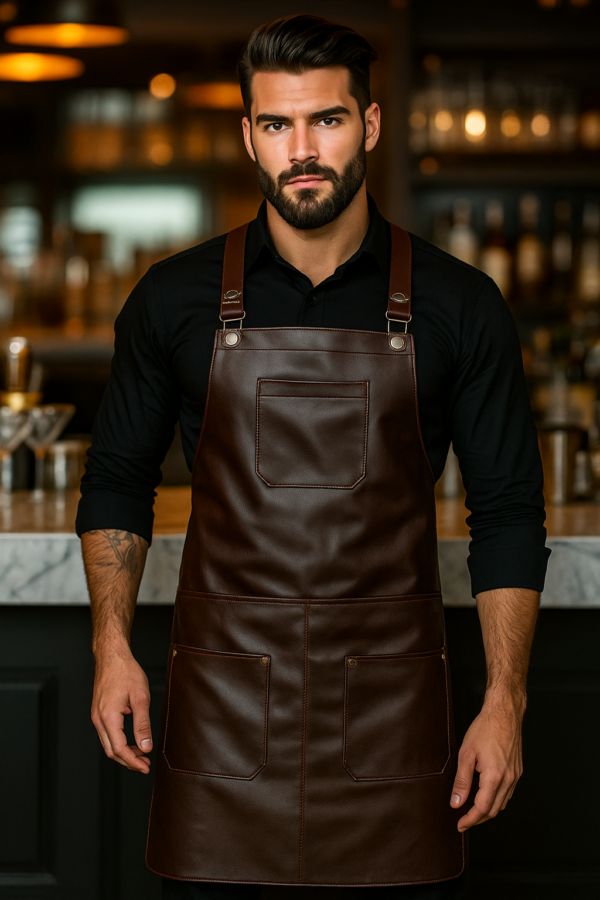 Brewmaster brown leather apron worn by model