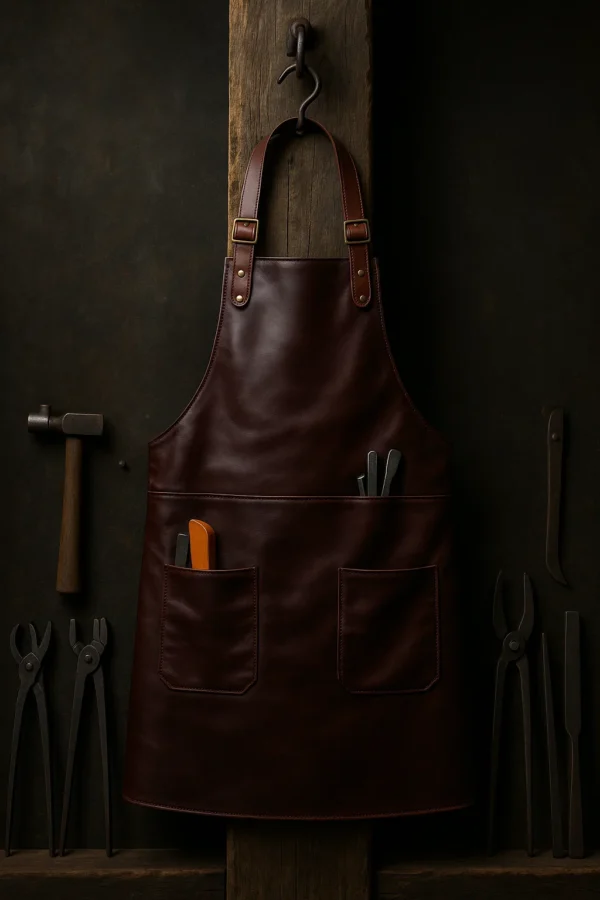 brown leather apron hung against a wall