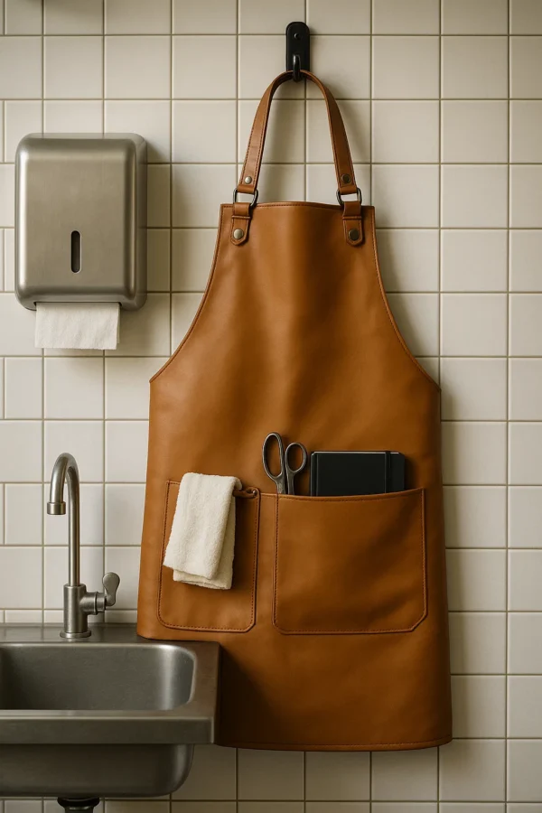 brown leather apron for butcher hung near sink