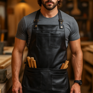 Carver’s Grainbound Leather Apron worn by a carpenter