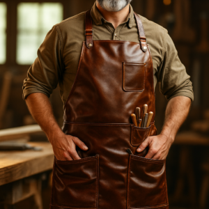 a veteran carpenter wearing a leather apron