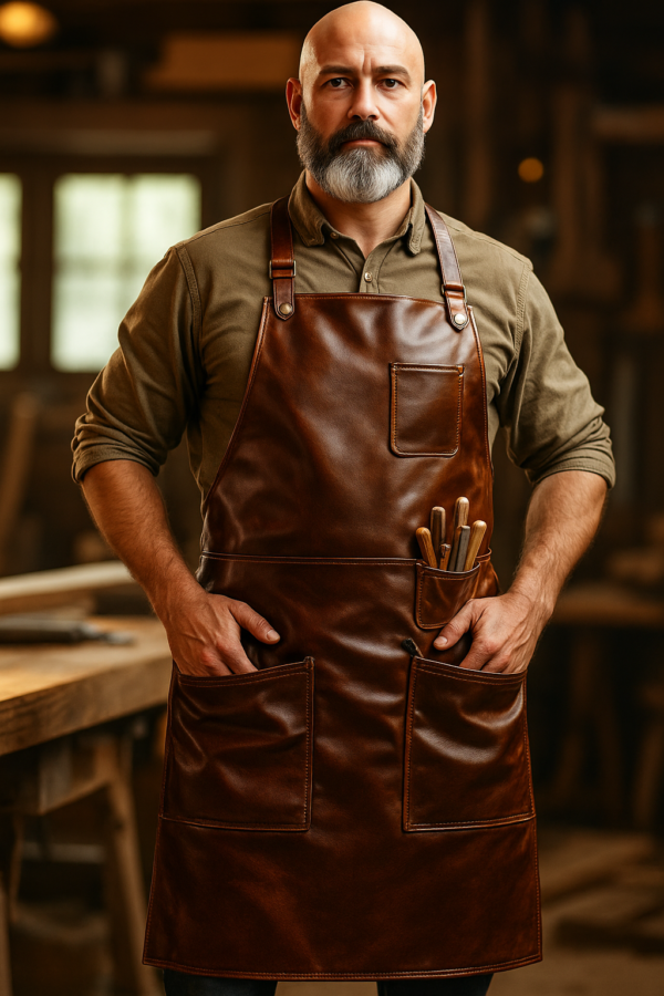 a veteran carpenter wearing a leather apron