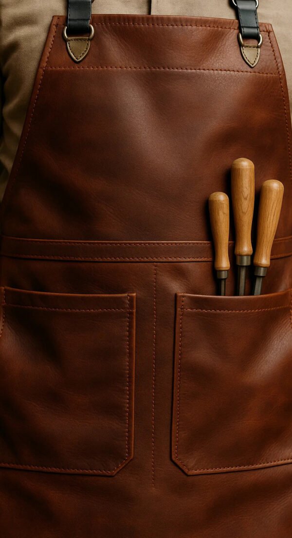 zoomed-in chiselhide precision leather apron in brown