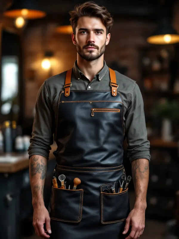leather barber apron in black color with zip pocket at front