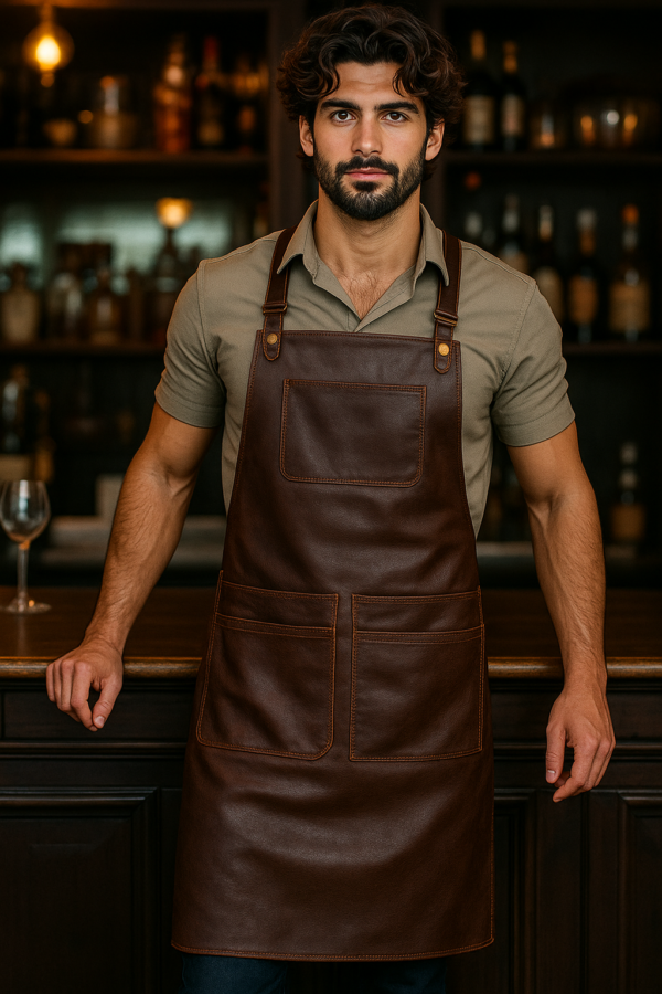 a model standing wearing Cockanov Bartender Leather Apron