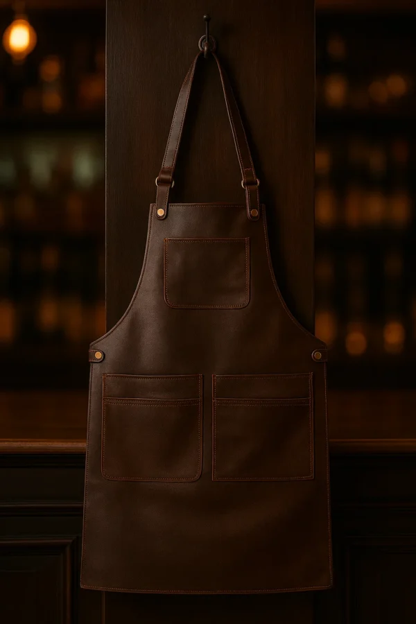 Cockanov Bartender Leather Apron hung against a wall