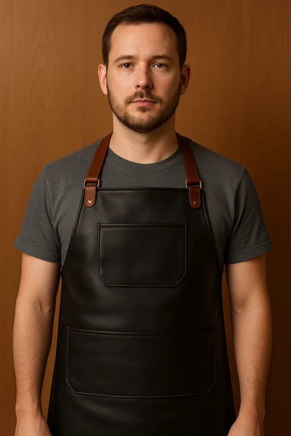 a black leather apron worn by men