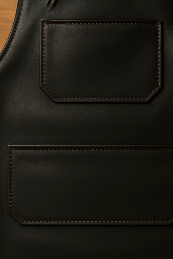 finely stitched pockets of black leather apron