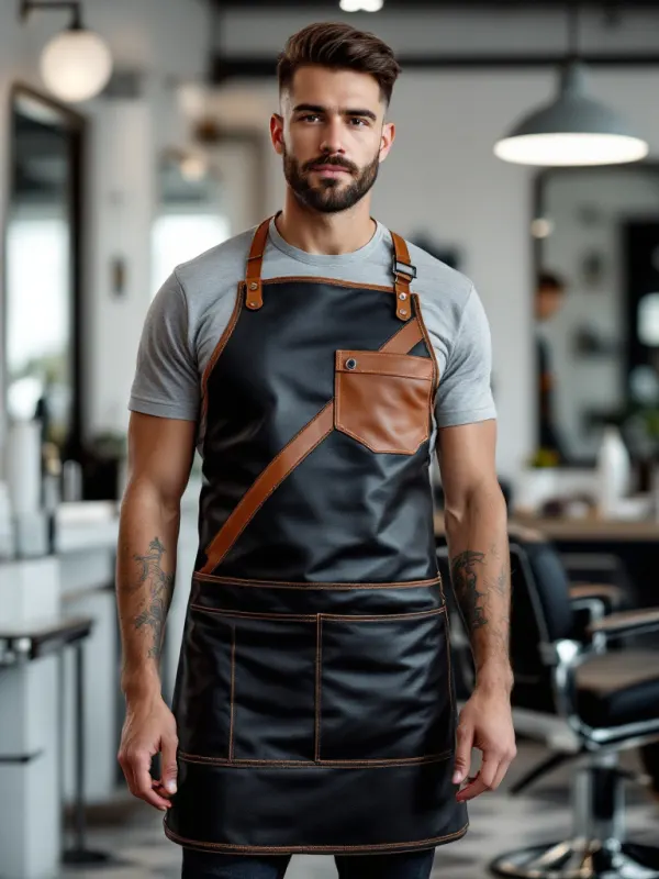 leather barber apron in black color