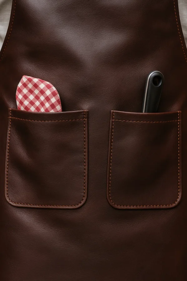 closeup of leather apron's pocket