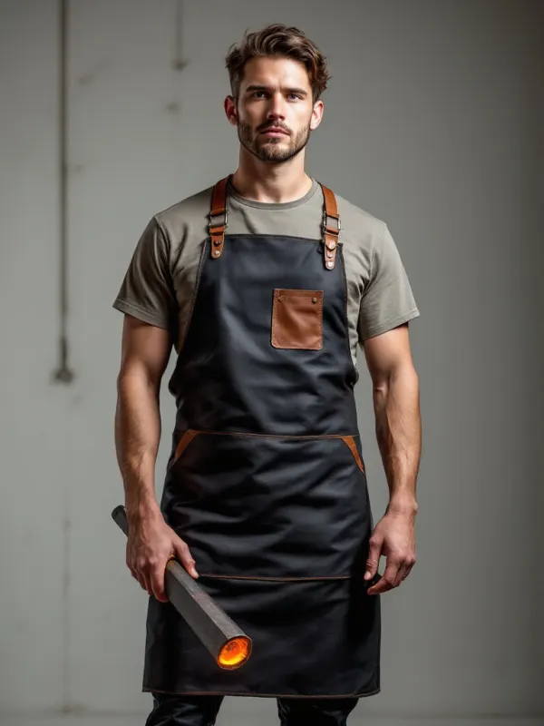 black leather blacksmith apron with brown pocket