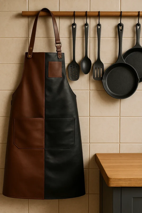 dual tone kitchen leather apron hung with a hook