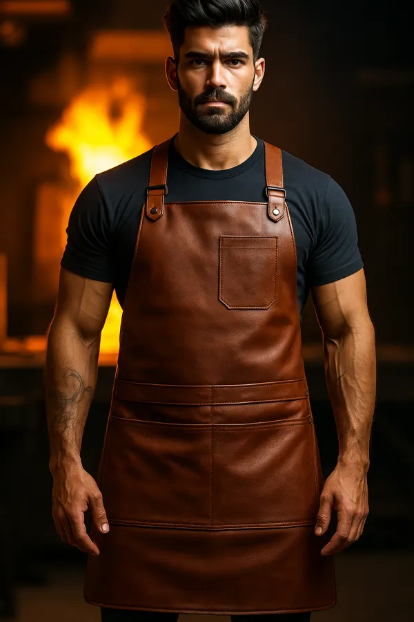 a blacksmith wearing fireanvil leather apron
