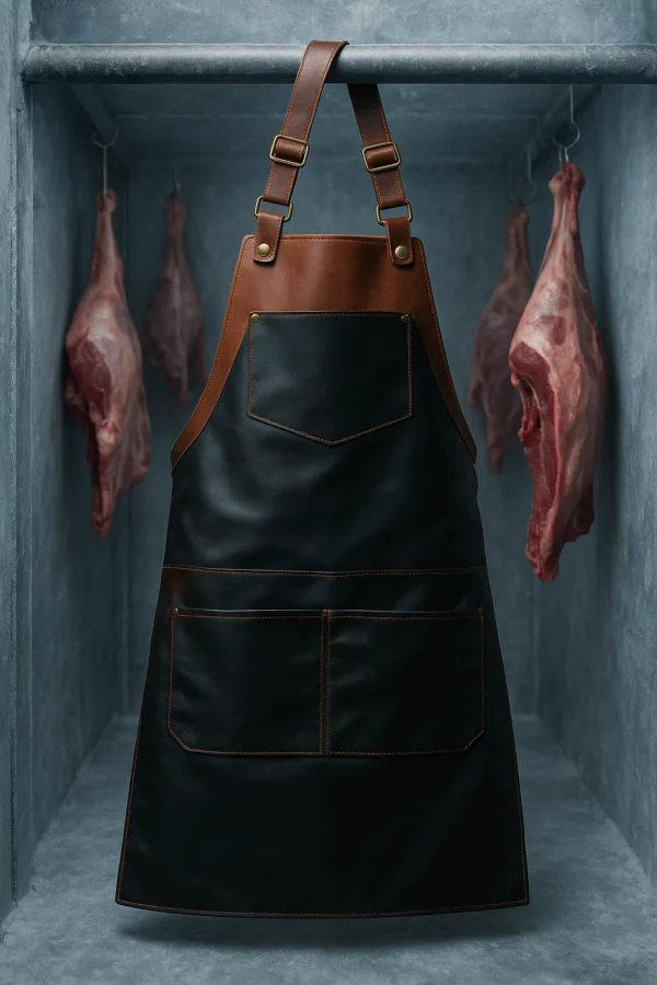 dual tone leather apron hung outside butcher's freezer