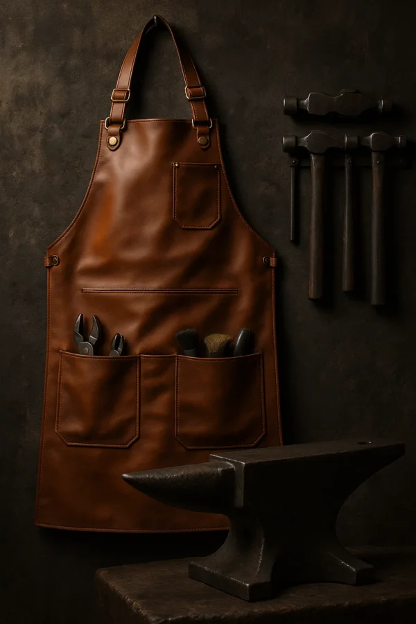 brown leather apron with multiple pockets
