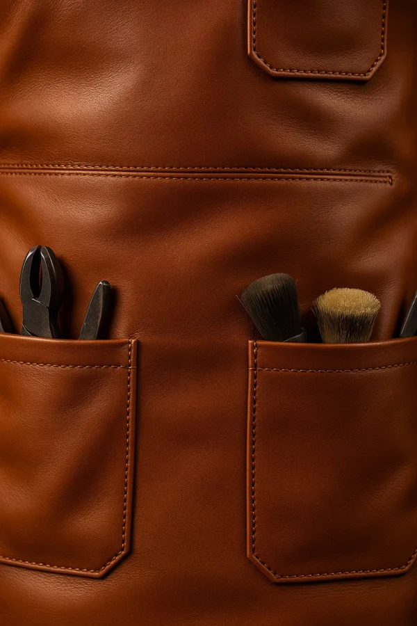 pocket view of brown leather apron