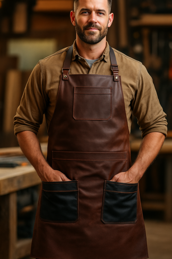 Grainwright Timbercraft Leather Apron worn by male model