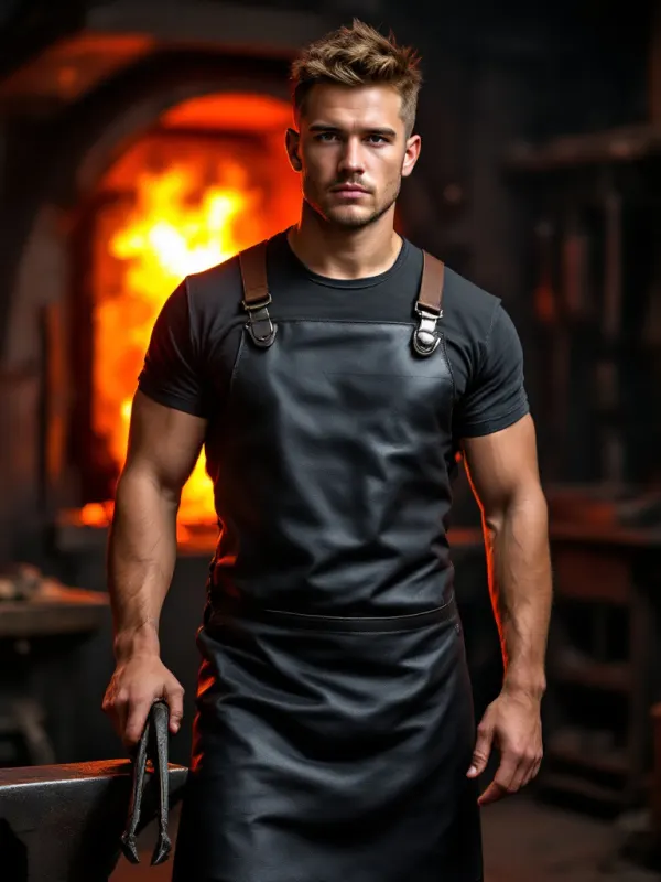 Black leather blacksmith apron with brown straps