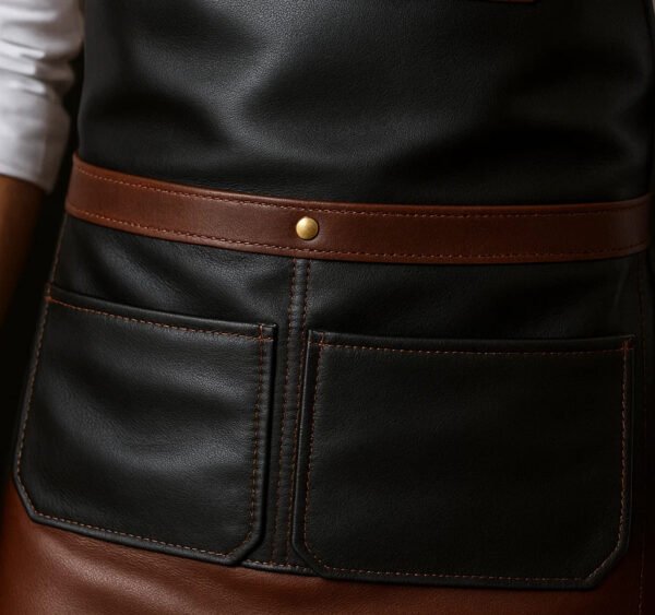 zoomed in pocket view of dual shade bartender leather apron