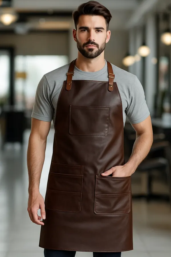 Precision Trim Leather Apron worn by model