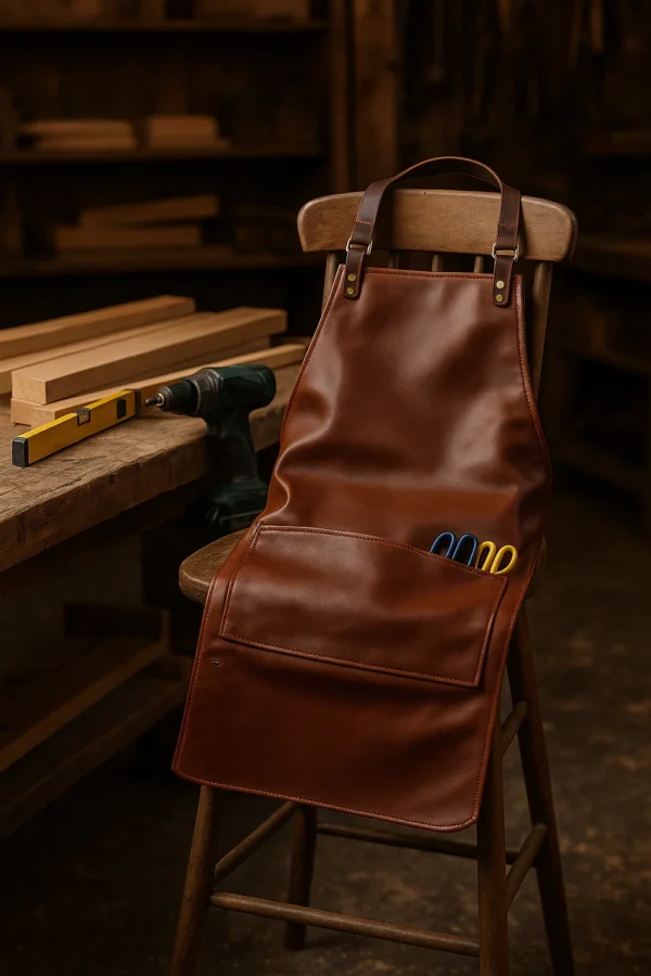 brown leather apron on the chair