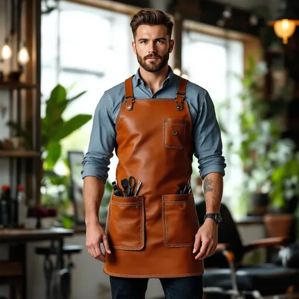 leather barber apron in tan color
