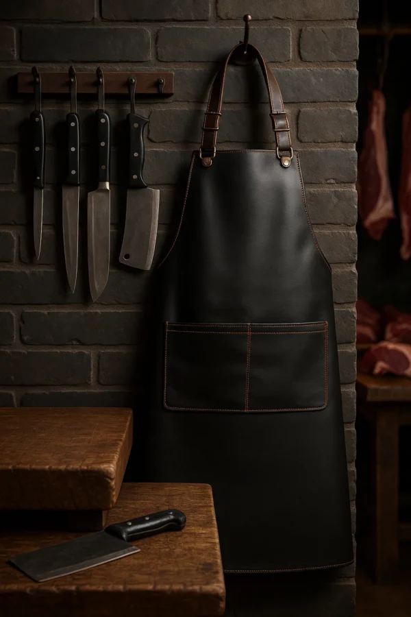 black leather apron hung in a butcher's setting