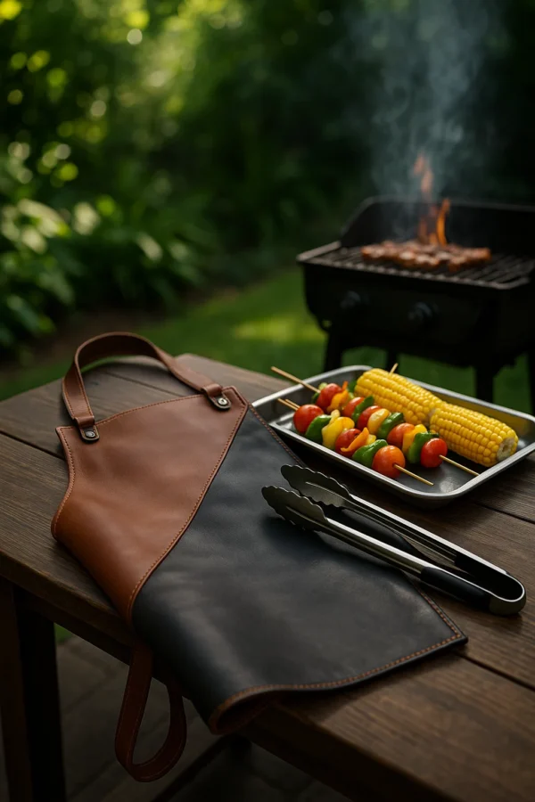 a dual tone leather bbq apron on a wooden table