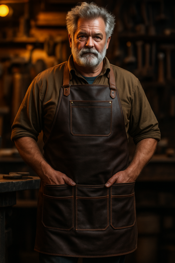 Sparkbound Leather Blacksmith Apron worn by an old man