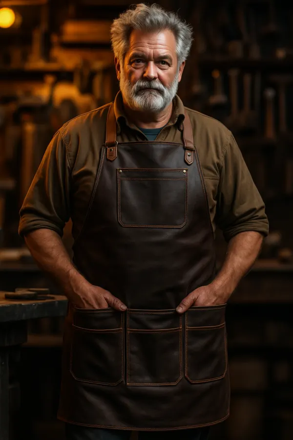 Sparkbound Leather Blacksmith Apron worn by an old man