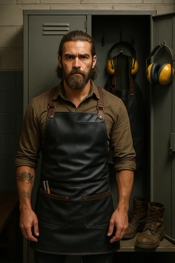 a man wearing black leather welding apron