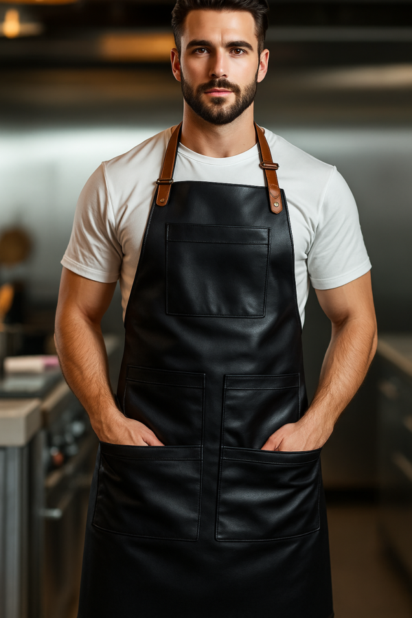 a man wearing spiceguard leather apron